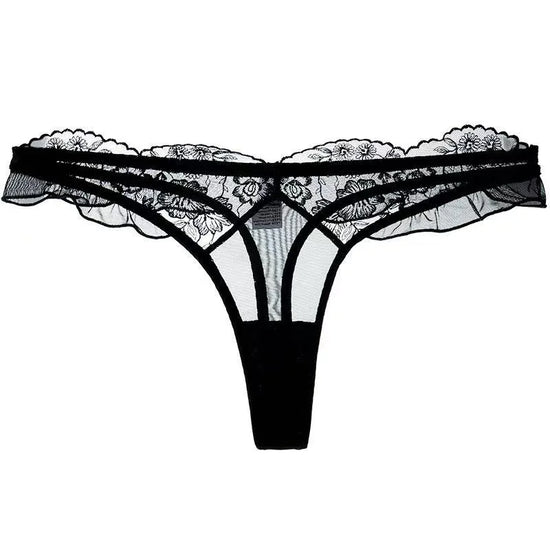 Exquisite Black Lace Thong with Intricate Floral Design - Rosey Isle