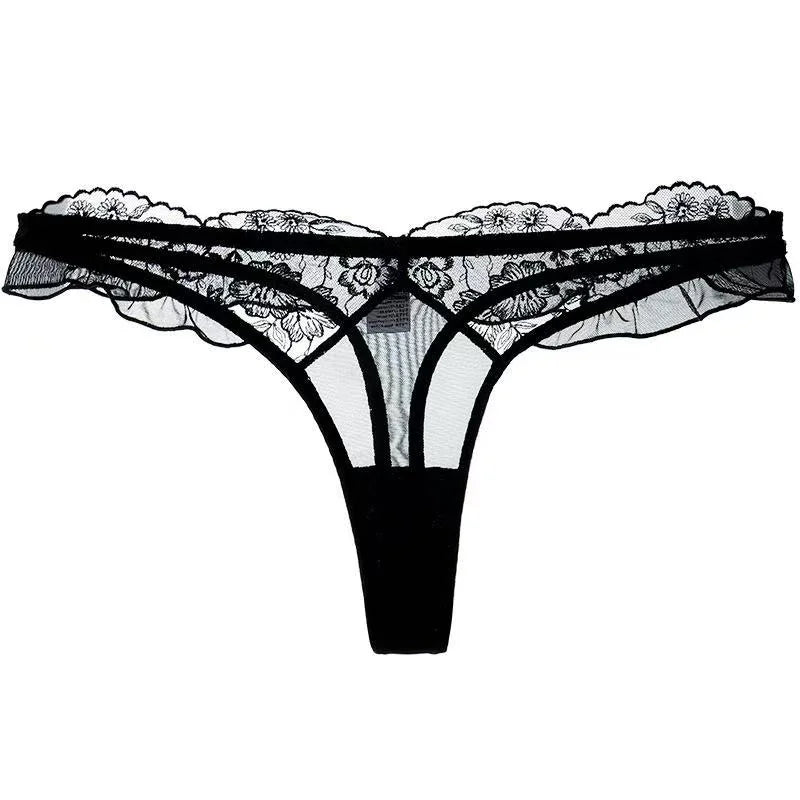 Exquisite Black Lace Thong with Intricate Floral Design - Rosey Isle